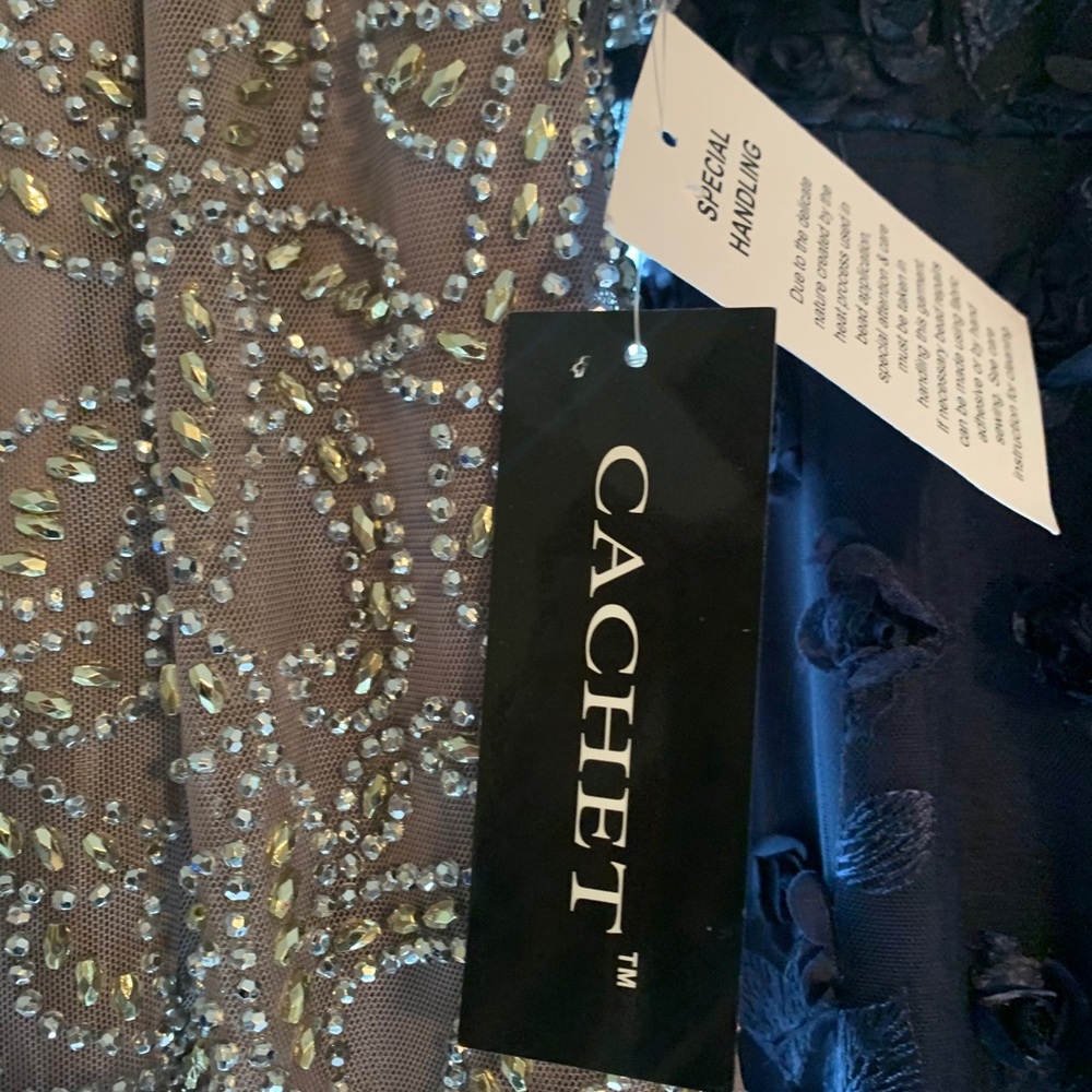Formal gown; taupe, gold & silver beading; NWT